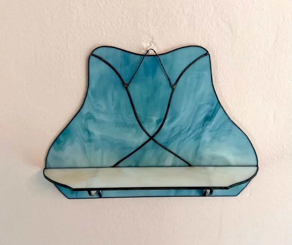 Handmade Blue and Pink Stained Glass Wall Shelf Tiffany Style 12in Curio Ledge